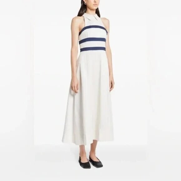 STAUD CAPTAIN IVORY OFF WHITE NAVY BLUE STRIPED HALTER MIDI DRESS SIZE 4 NWT - Picture 6 of 15